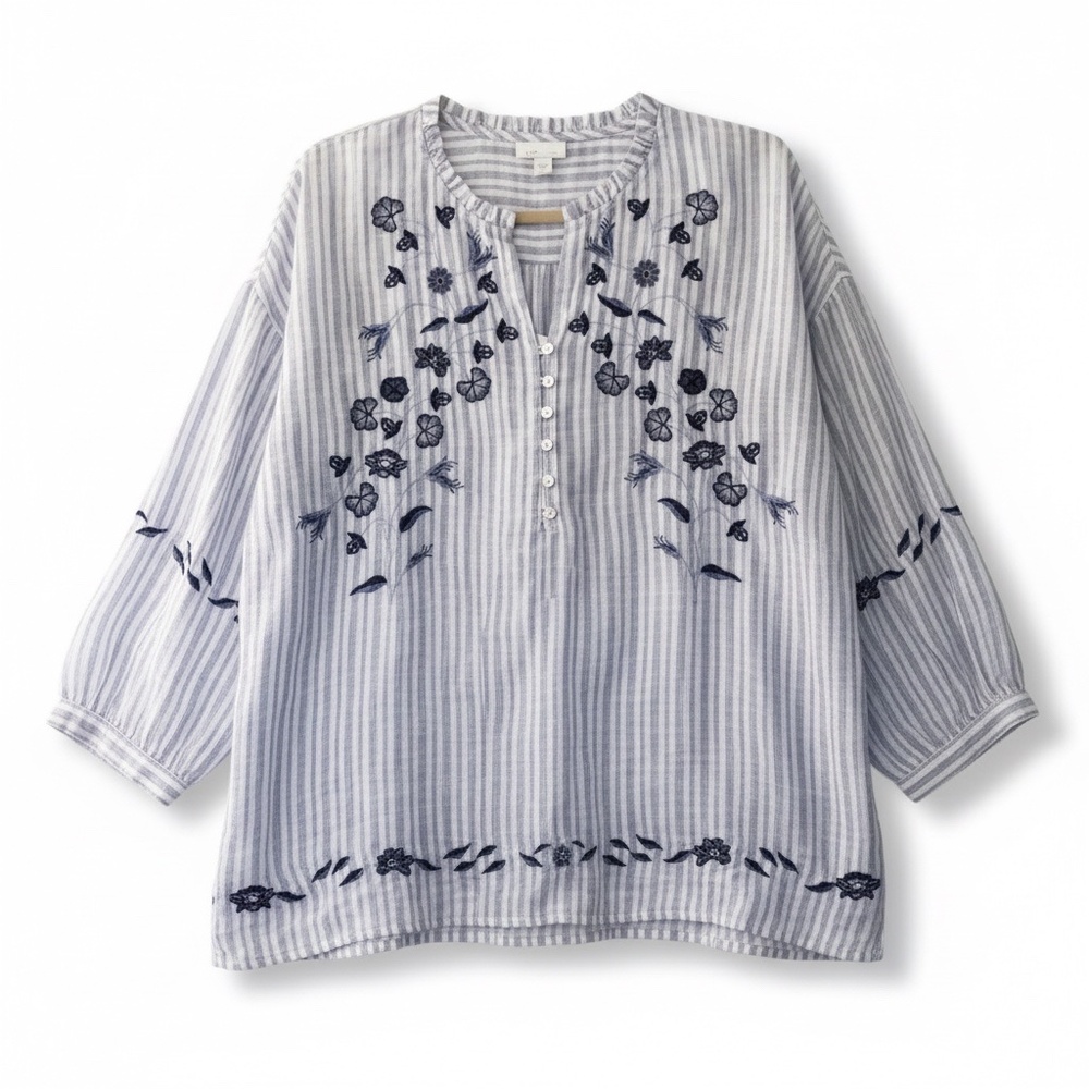 J.Jill Love Linen 100% Linen Blue and White Striped Boho Embroidered Top, Large